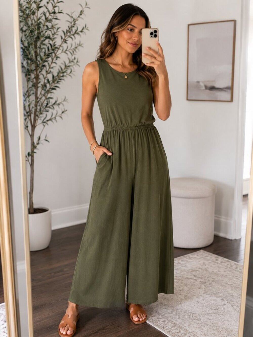 PrettyGarden Olive Green Sleeveless Wide Leg Jumpsuit Women’s XL Casual Stretch